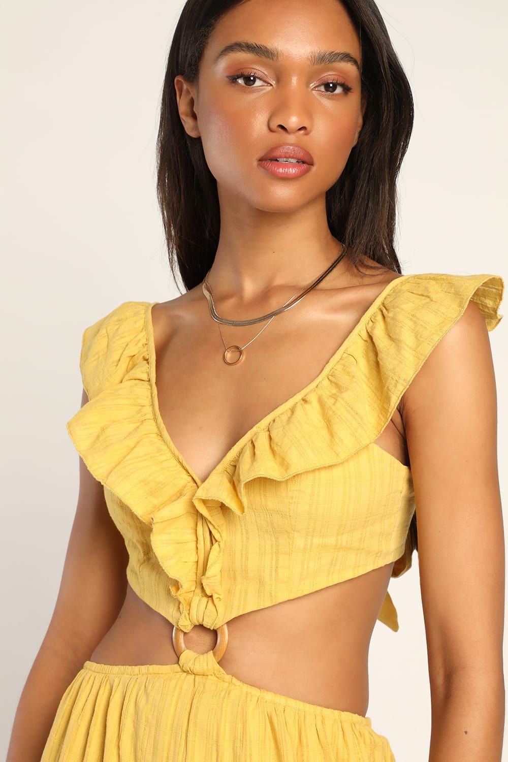 Sun Beamer Mustard Yellow Tie-Back Ruffled Cutout Maxi Dress | Lulus (US)