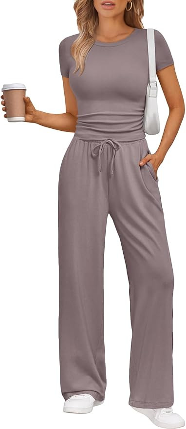 Trendy Queen 2 Piece Matching Summer Sweatsuit Lounge Set Womens Wide Leg Pants Side Ruching Crop... | Amazon (US)