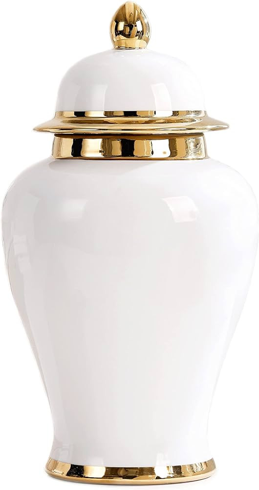 White Ginger Jar With Gold Trim, Ceramic Decorative Vase for Home, Office, Table, Living Room, Bo... | Amazon (US)