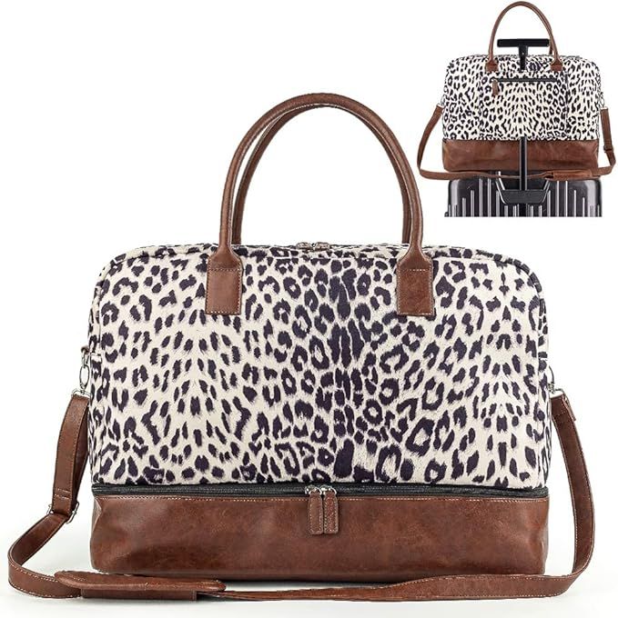 Women Canvas Travel Weekender Overnight Carry-on Duffel Bag with Shoe Compartment（Leopard） | Amazon (US)