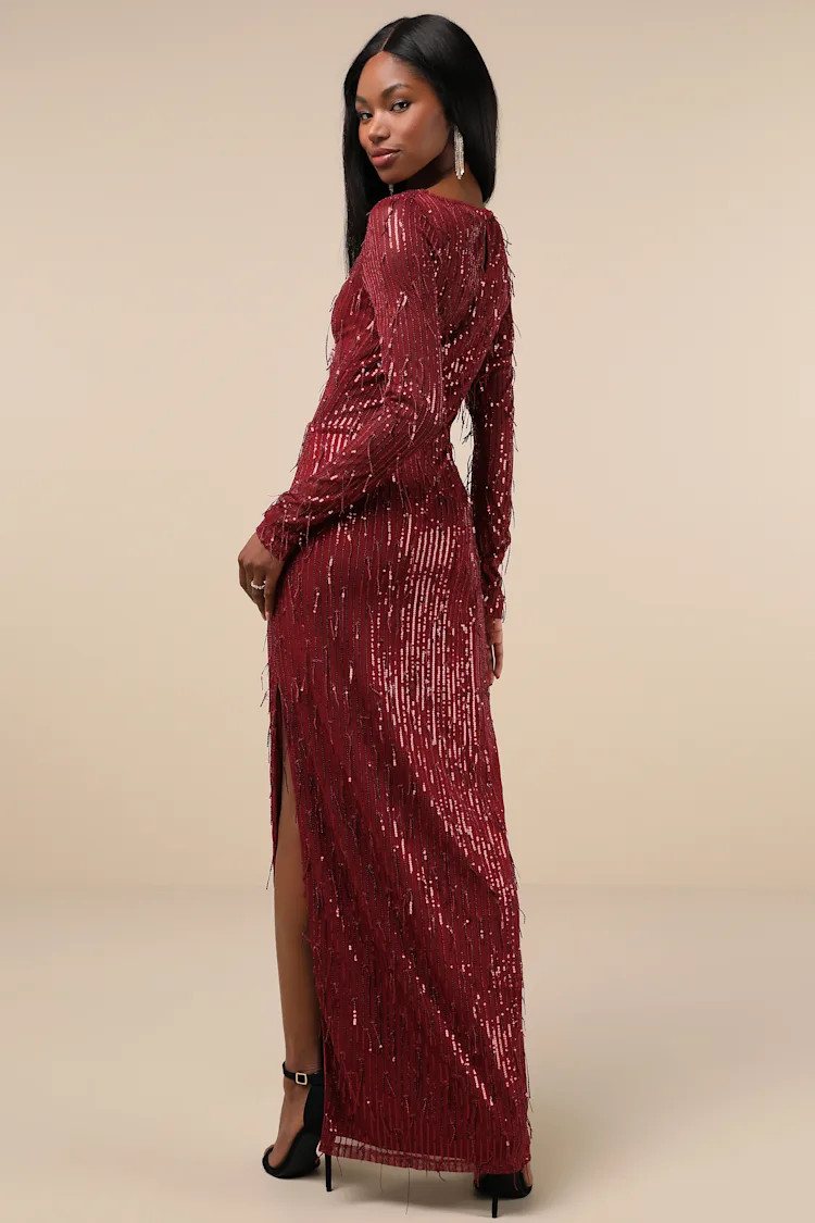 Sheer Fascination Burgundy Sheer Mesh Sequin Fringe Maxi Dress | Lulus