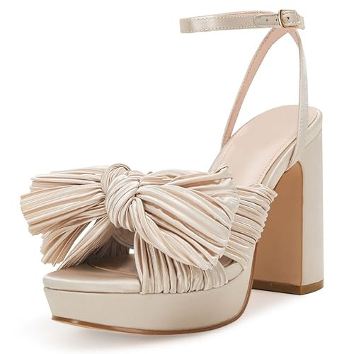 VETASTE Women's Pleated Bow Knot Platform Heeled Sandals Open Toe Chunky Block Heel Ankle Buckle Strap Bridal Wedding Dress Shoes | Amazon (US)