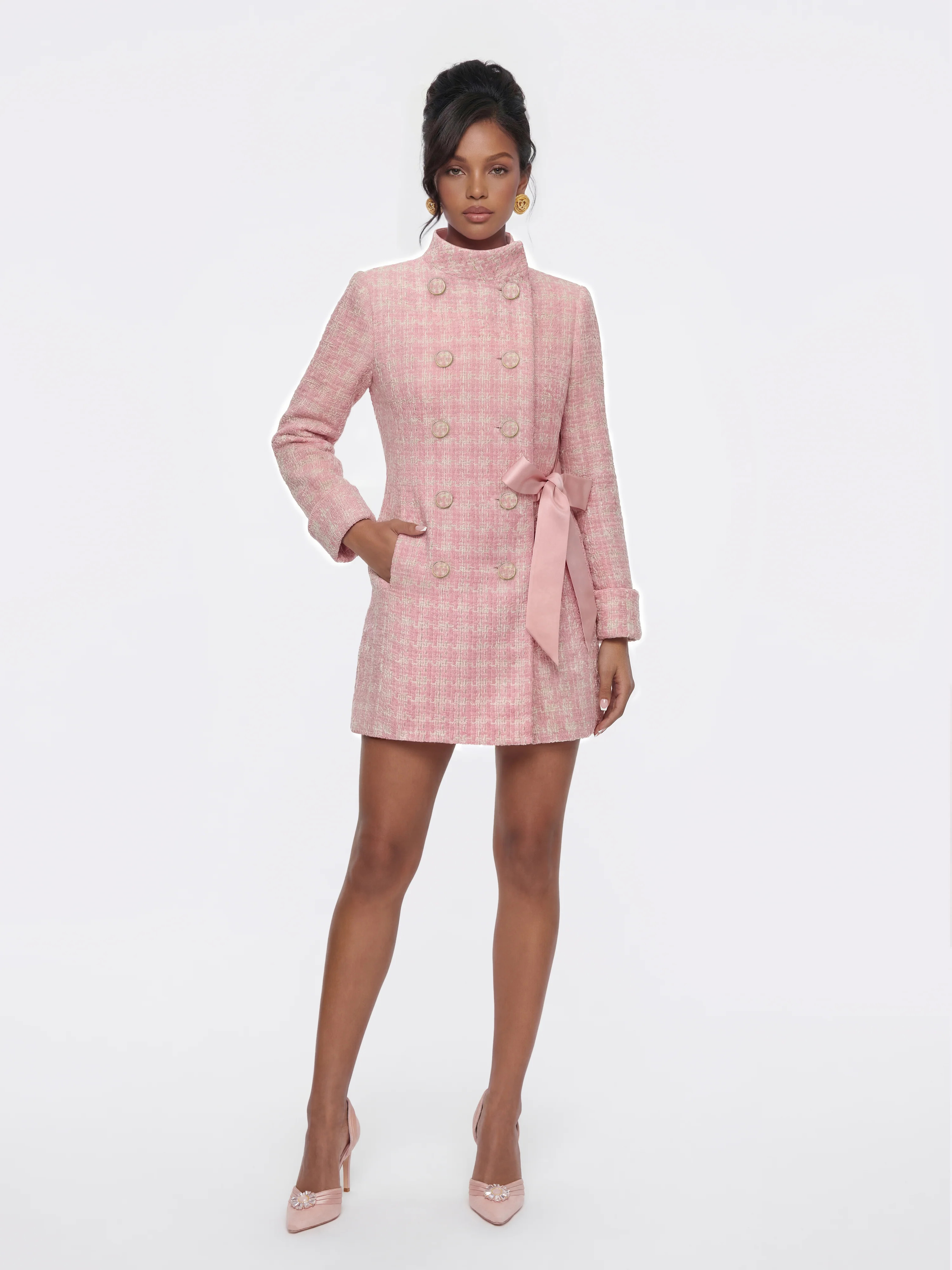 Bianca Tweed Bow Pink Double-Breasted Coat: Pink Coat for Bridal Shower | Nana Jacqueline | Nana Jacqueline
