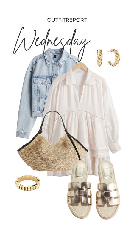 Denim jacket coat white mini dress gold sandals shoes bag gold jewellery 

#LTKshoecrush #LTKstyletip #LTKitbag