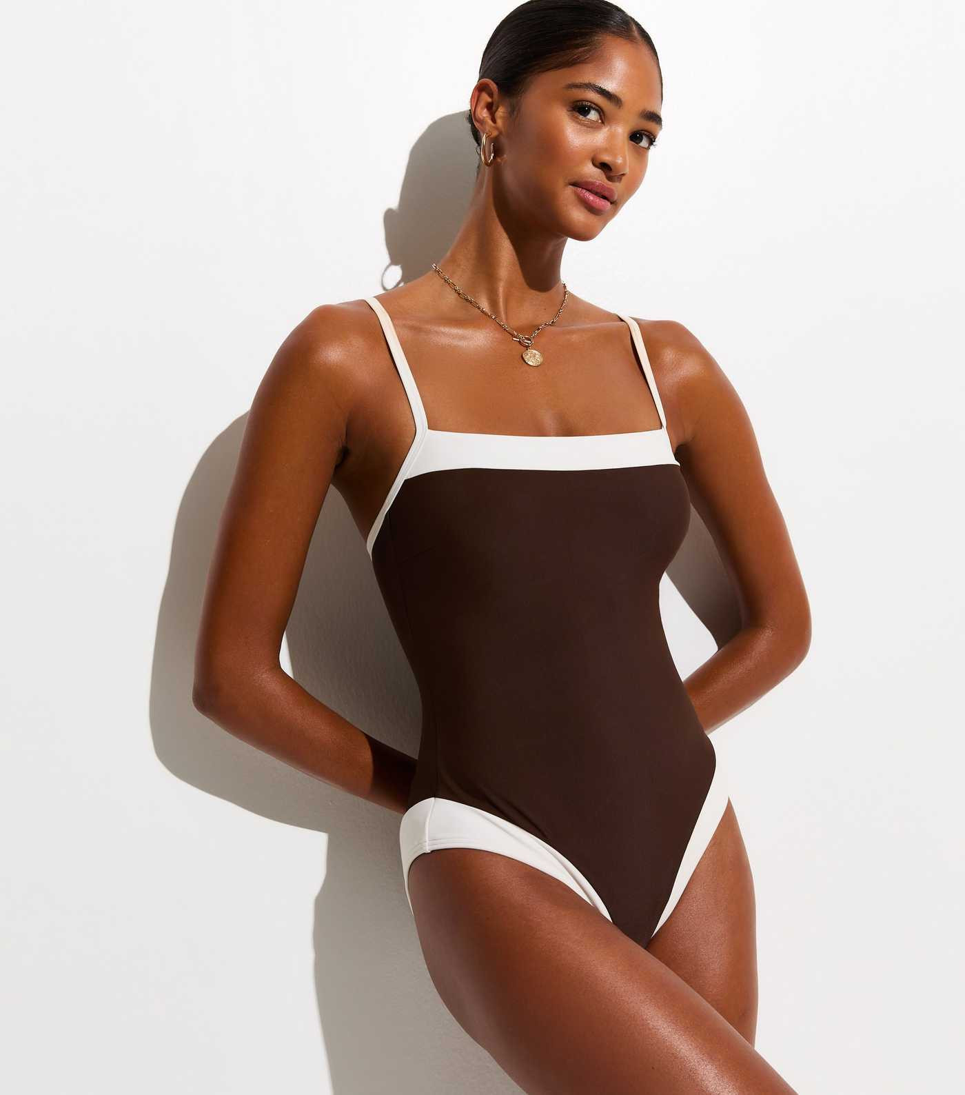 Mid Brown Contrast Trim Square Neck Swimsuit | New Look | New Look (UK)