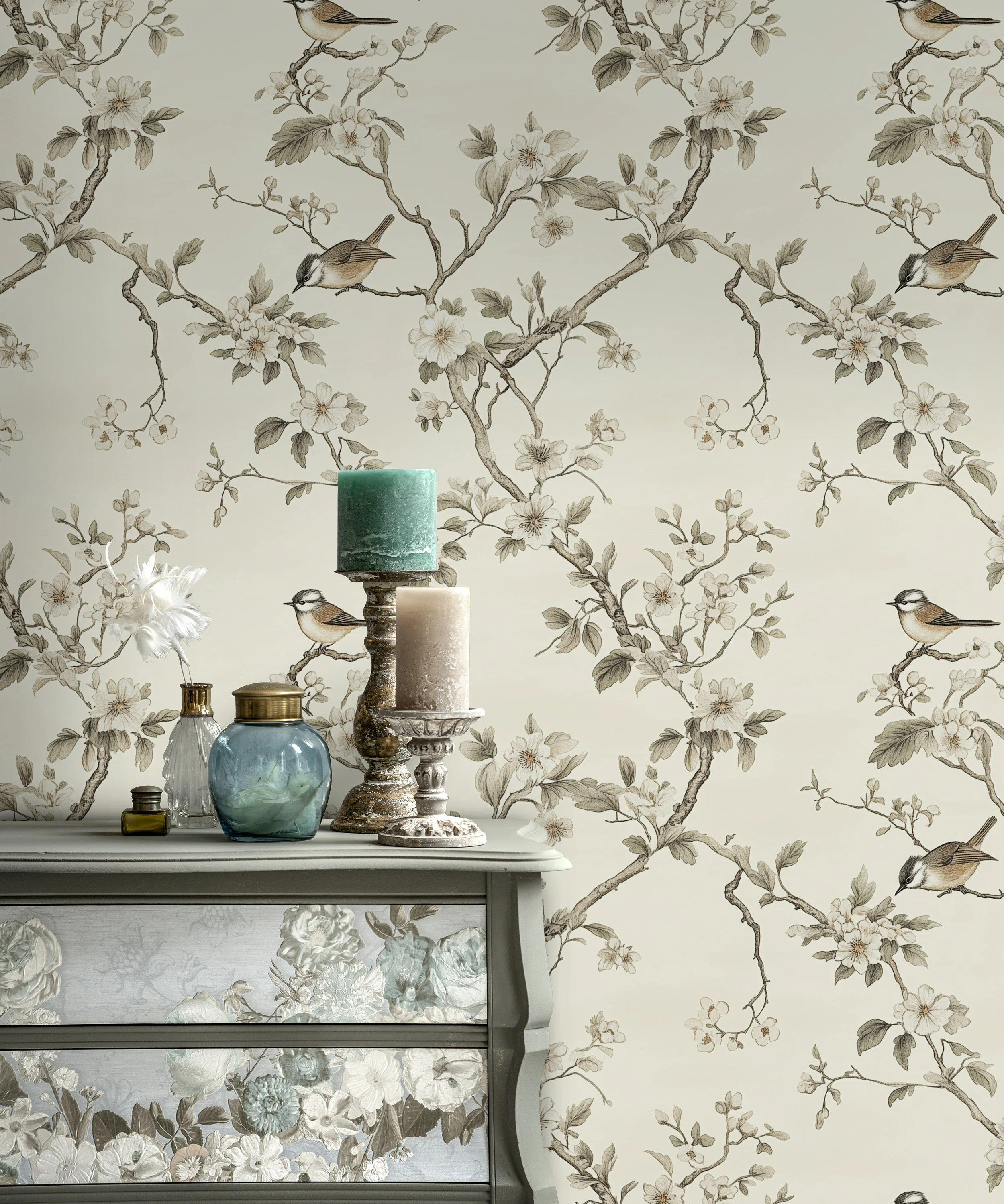 Elegant Bird and Blossom Wallpaper Peel and Stick Chinoiserie Floral Wall Mural | Wayfair North America