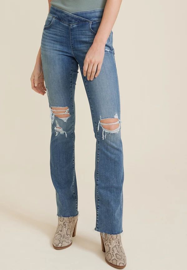 m jeans by maurices™ Cool Comfort Crossover High Rise Ripped Slim Boot Jean | Maurices