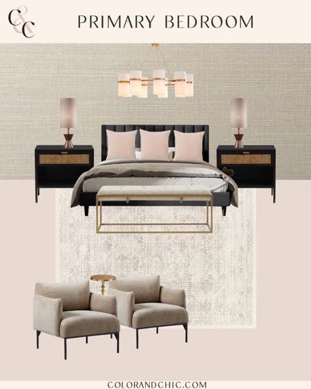 Primary bedroom decor with neutral blacks, taupes, creams, and gold. Love these nightstands, accent chairs and bench! 

#LTKstyletip #LTKhome