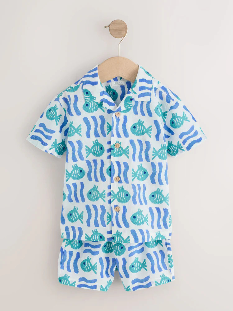 White/Blue Sea All Over Print Short Sleeve Revere Collar Shirt & Shorts Set (3mths-10yrs) | Next US