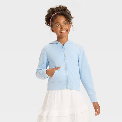 Girls' Hooded French Terry Zip-Up Sweatshirt - Cat & Jack™ Light Blue XL | Target