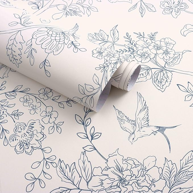 Cream White and Blue Floral Wallpaper Peel and Stick Wallpaper 17.7"x118.1" Vintage Floral Peel a... | Amazon (US)