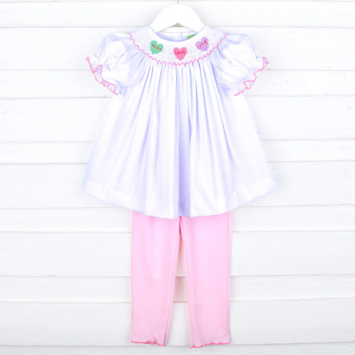 Candy Hearts White Pique Smocked Legging Set | Classic Whimsy