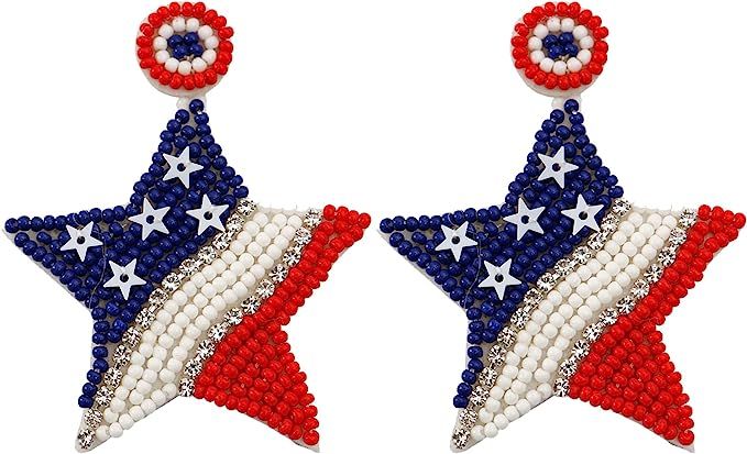 4th of July Earrings Patriotic Beaded Earrings for Women American Flag Star Tassel Dangling State... | Amazon (US)