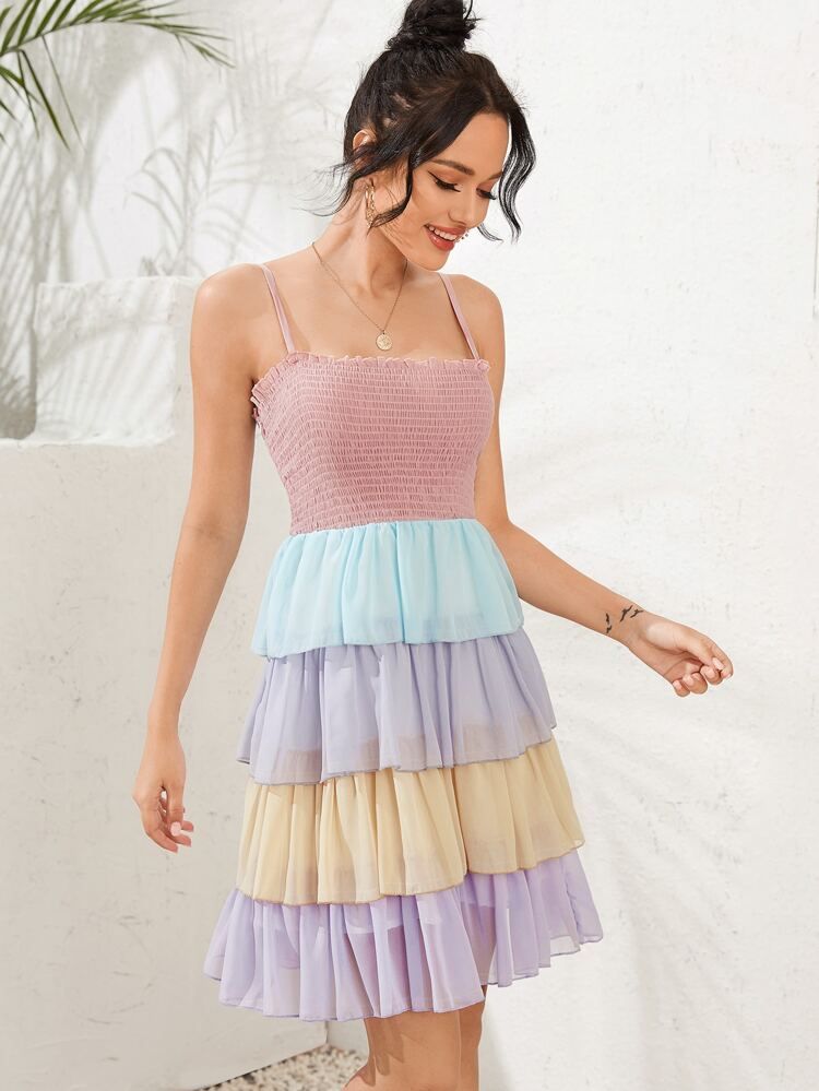 Colorblock Shirred Bodice Tiered Layer Chiffon Cami Dress | SHEIN