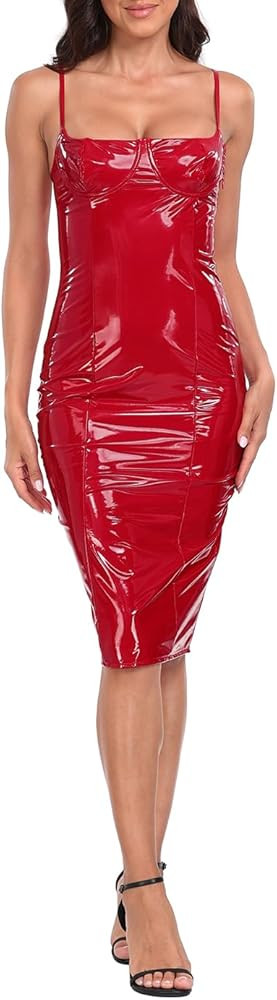HDE Women's Latex Midi Bodycon Dress Vinyl Faux Leather Sexy Balconette Dresses | Amazon (US)