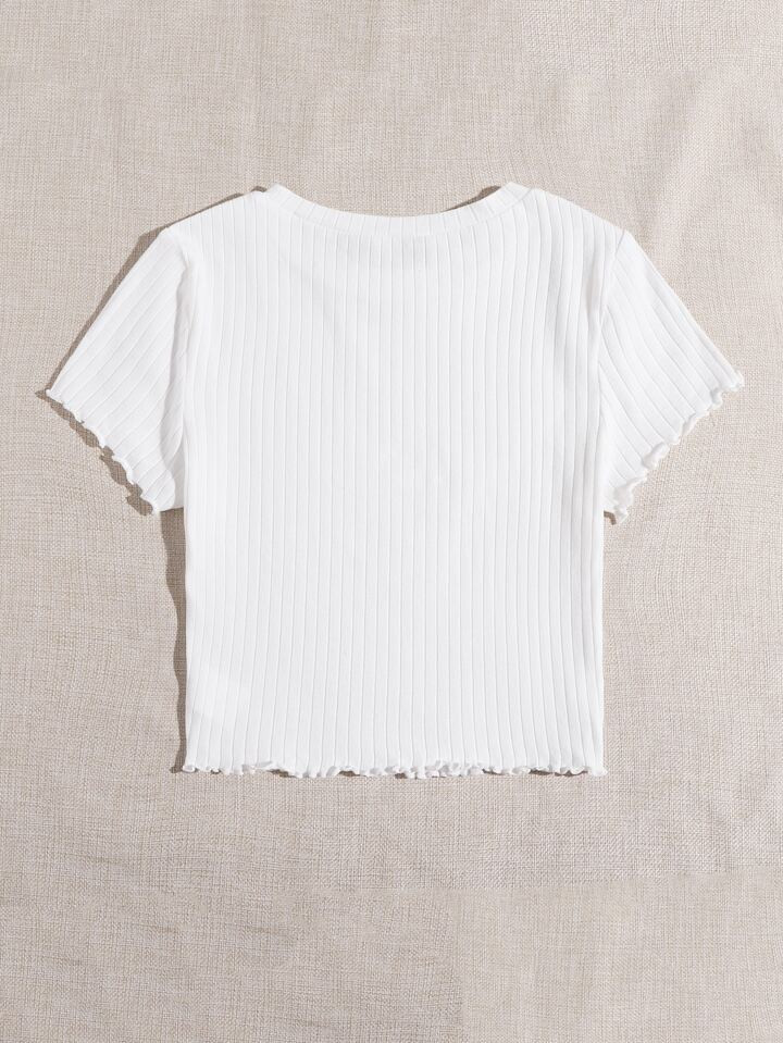 SHEIN Qutie Solid Lettuce Trim Rib-knit Tee | SHEIN