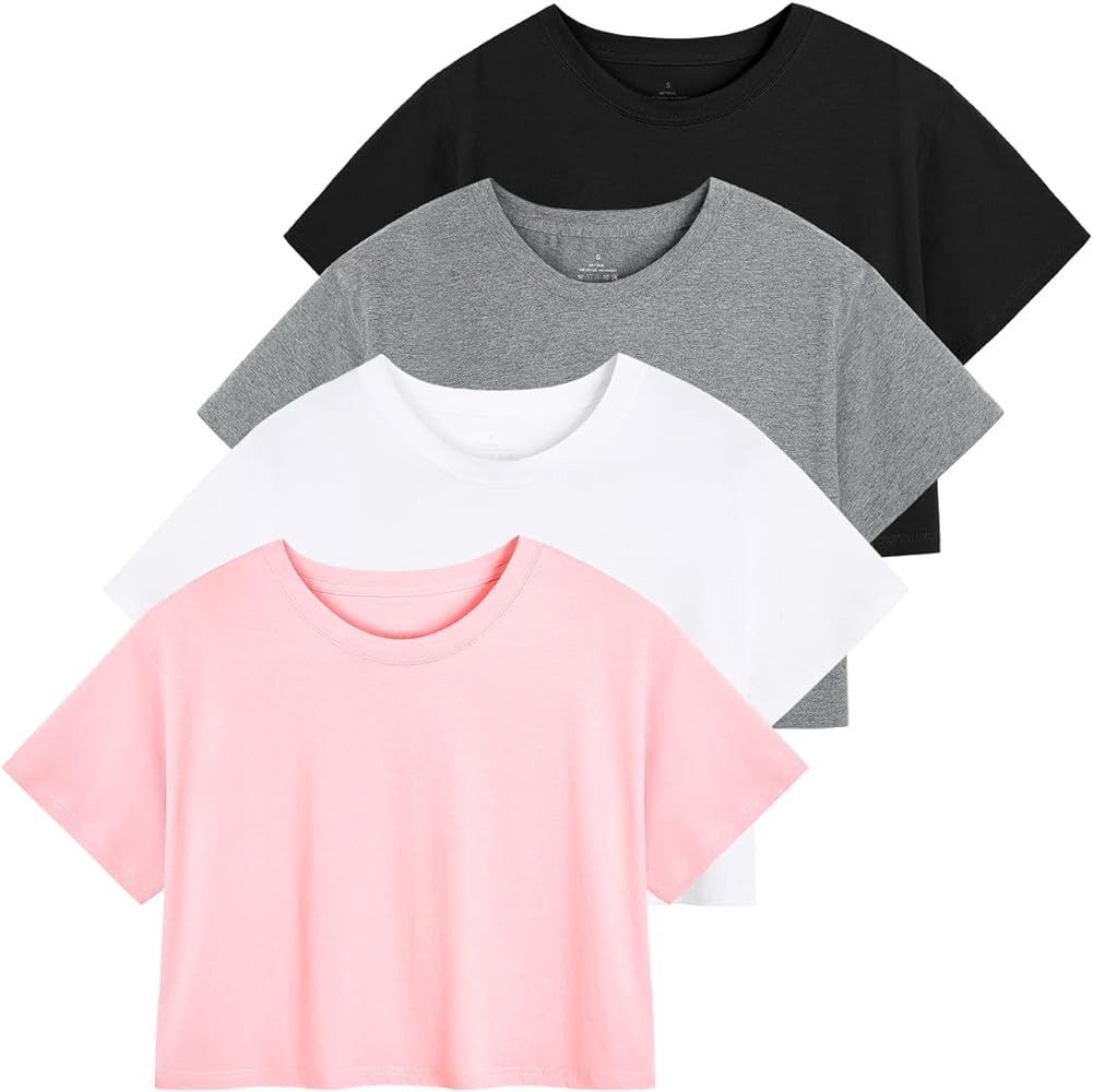 Cosy Pyro 4-Pack Women's Cotton Crop T-Shirts Short Sleeve Solid Cropped Athletic Top Round Neck ... | Amazon (CA)