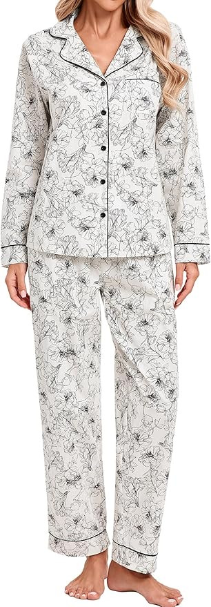 LUBOT 100% Cotton Pajamas for Women 2 Piece PJ Set Woven Poplin Ladies Button Long Sleeve Lightwe... | Amazon (US)