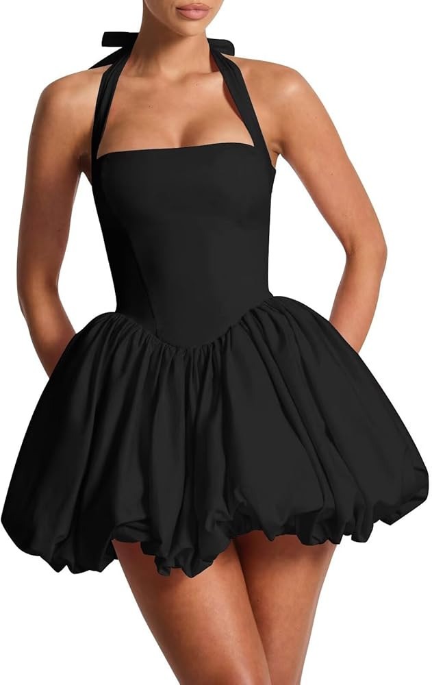 UZN Short Bubble HOCO Dresses for Teens Satin Halter Mini Homecoming Dress A Line Cocktail Party ... | Amazon (US)