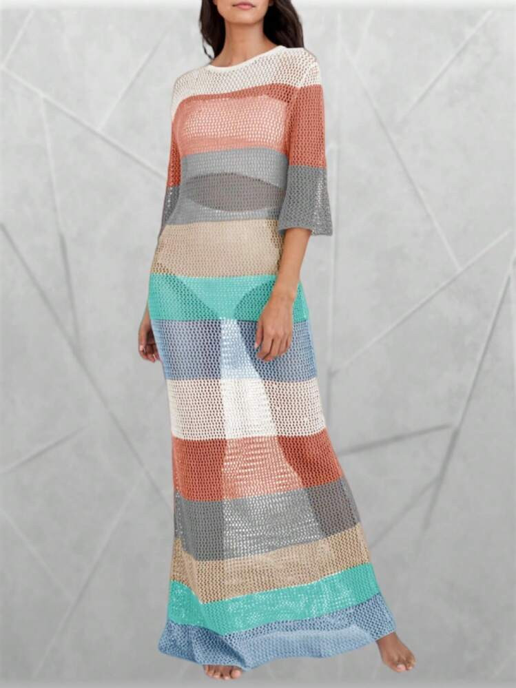 Womens Rainbow Crochet Cover Up Half Sleeve Beach Dress For Bikini Swimsuit | SHEIN