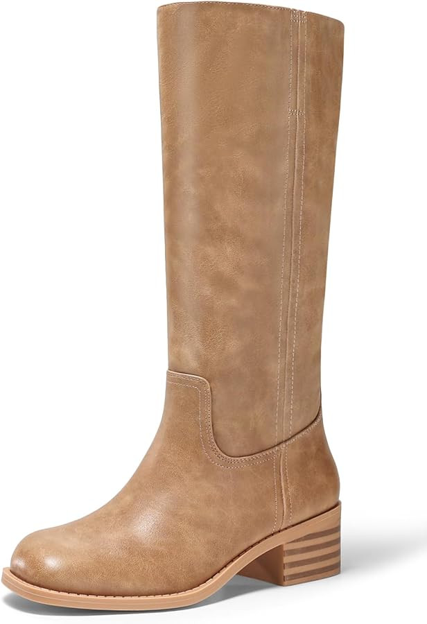 Coutgo Women's Knee High Boots Square Toe Chunky Block Heel Tall Boots Comfortable Low Heel Shoes | Amazon (US)