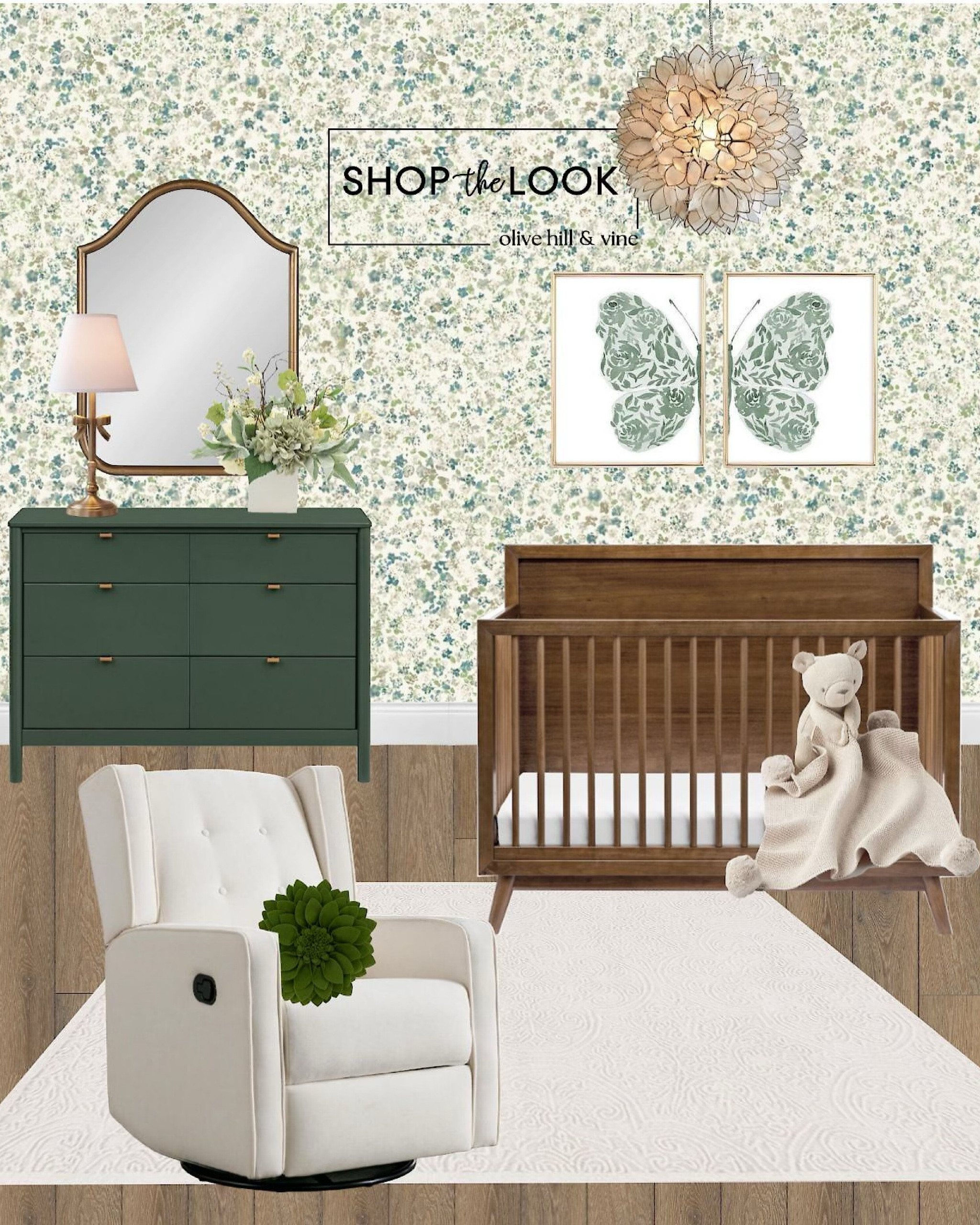 In this captivating green-themed nursery, a capiz pendant light casts a soft glow above the crib, paired perfectly with two green floral butterfly artworks. A stylish rocker recliner with a plush green felt floral throw pillow creates a cozy corner, while a deep green 6-drawer dresser, topped with a brushed gold lamp and a mixed floral arrangement, sits beneath a mirror. A wood convertible crib rests on an ivory rug, tying the serene space together. 

#LTKBaby #LTKHome #LTKBump