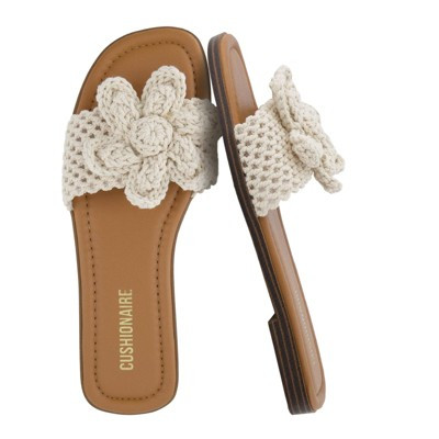 CUSHIONAIRE Gemma Knit Flat Slides for Women, Square Toe Sandals with Woven Flower Detail and Memory Foam, NATURAL 8W | Target