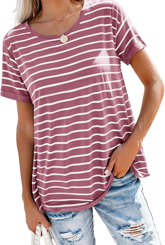 Bingerlily Women's Roll Up Short Sleeve T Shirts Crew Neck Tops Loose Causal Tees with Pocket | Amazon (US)