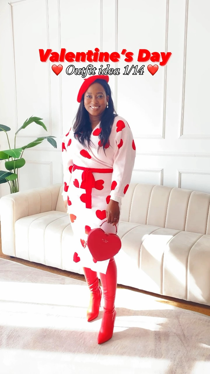 Valentine’s Day Outfit Idea , Sweater Dress, Heart Dress, thigh high boots , heart purse , Kate spade , colorful fashion , beret 

#LTKstyletip #LTKVideo #LTKfindsunder50