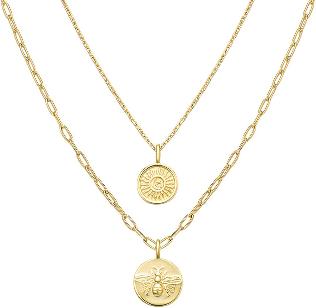 AGVANA 14K Yellow Gold Plated 925 Sterling Silver Layered Coin Compass Moon Star Bee Sun Pendant ... | Amazon (US)