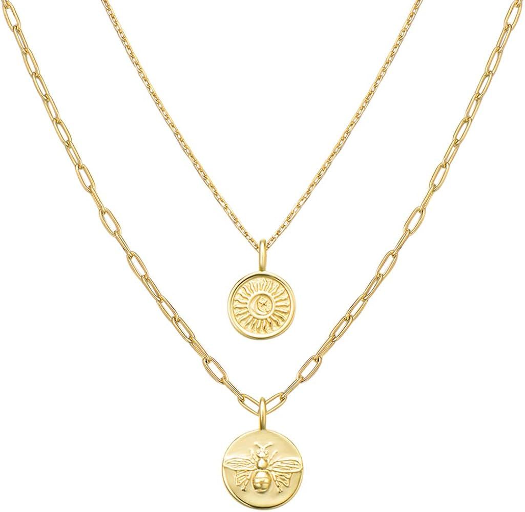 AGVANA 14K Yellow Gold Plated 925 Sterling Silver Layered Coin Compass Moon Star Bee Sun Pendant ... | Amazon (US)