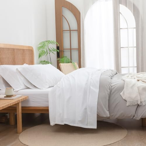 BESTOUCH Sheet Set 100% Washed Cotton Linen Feel Super Soft Comfortable Chic Lightweight 4 Pcs Home Bedding Set Solid Bright White Queen | Amazon (US)