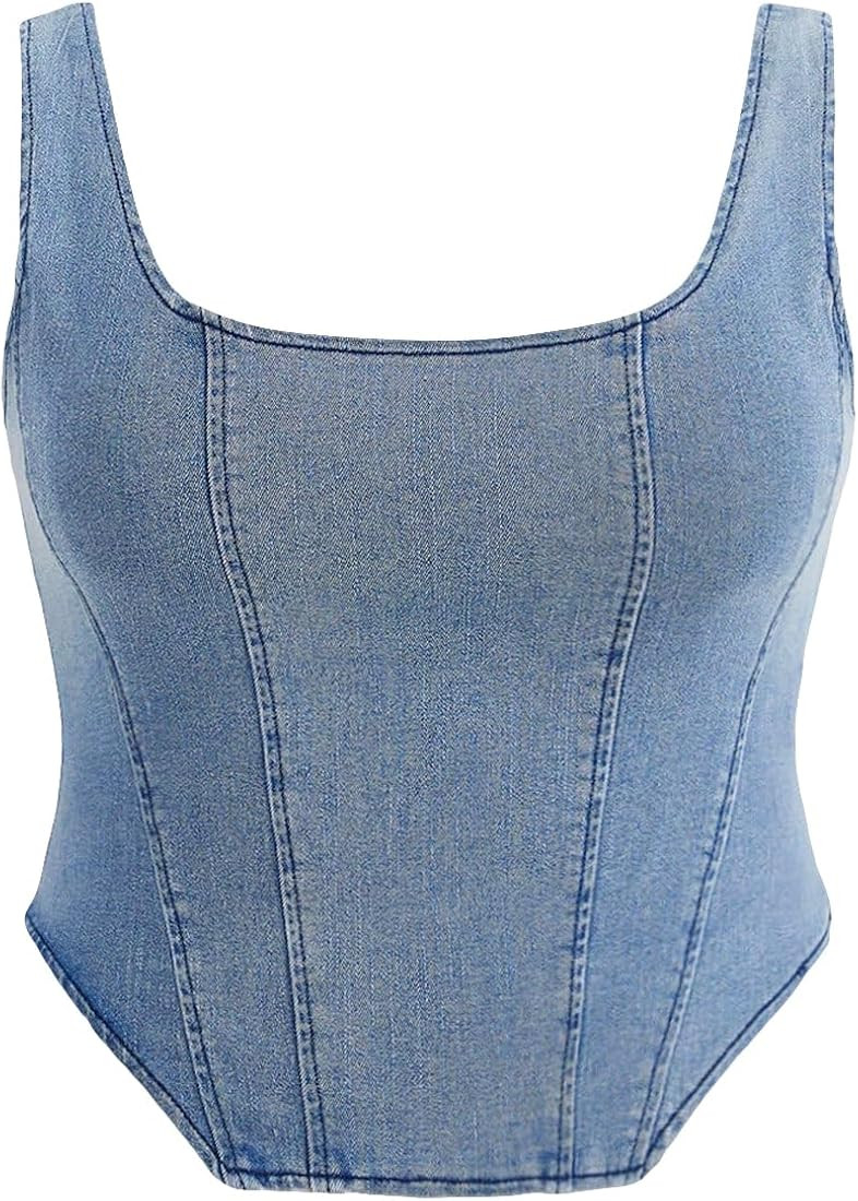 Floerns Women's Plus Size Square Neck Sleeveless Asymmetrical Neck Denim Tank Top | Amazon (US)