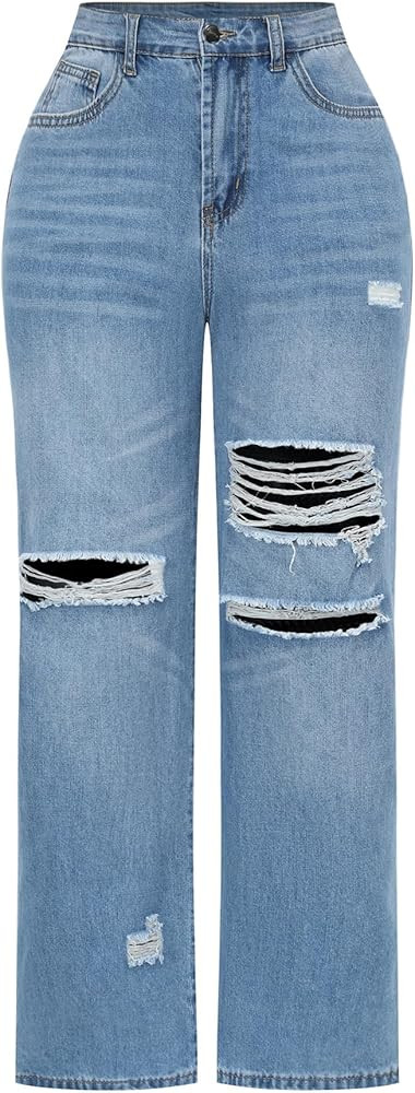 THUNDER STAR Womens High Waisted Wide Leg Jeans Stretchy Distressed Denim Pants | Amazon (US)
