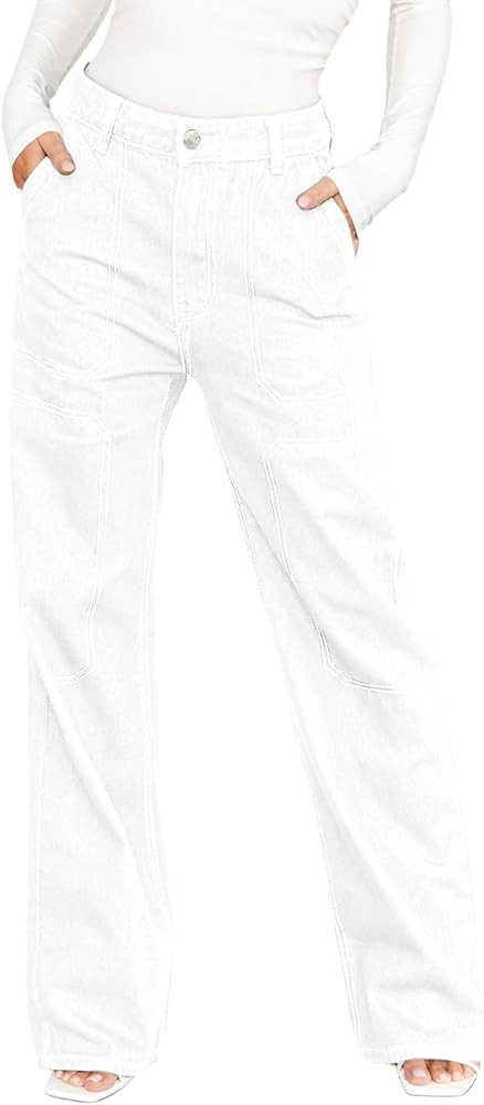 Dokotoo Women's Casual Mid Waist Cargo Jeans Stretch Wide Leg Denim Pants with Pockets | Amazon (US)