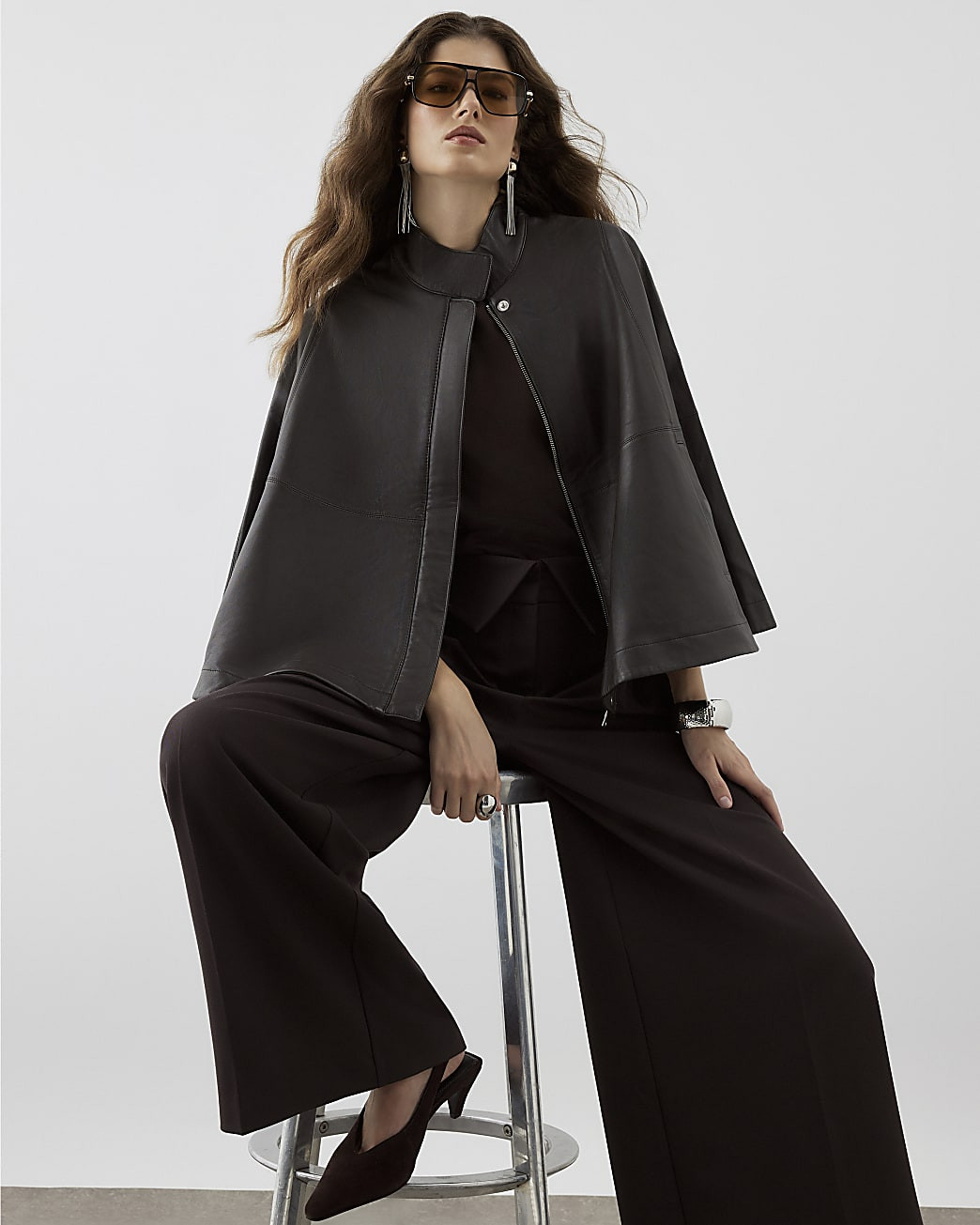 RI Studio Brown Leather Funnel Neck Cape | River Island UK & IE