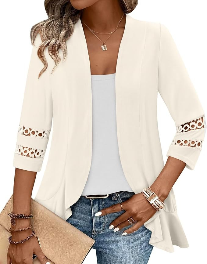 Magritta Womens Casual Open Front Cardigans Lightweight Soft Draped Ruffles 3/4 Sleeve Cardigan | Amazon (US)