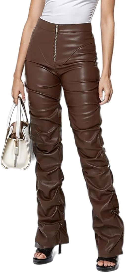 Sumleno High Waist Stacked Pants for Women Faux Leather Ruffle Ruched Leggings Y2k Black Pleated ... | Amazon (US)