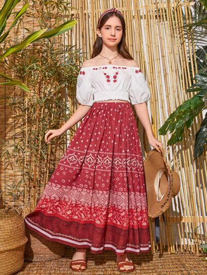 SHEIN Teen Girls Floral Print Off Shoulder Crop Top & Skirt Set | SHEIN