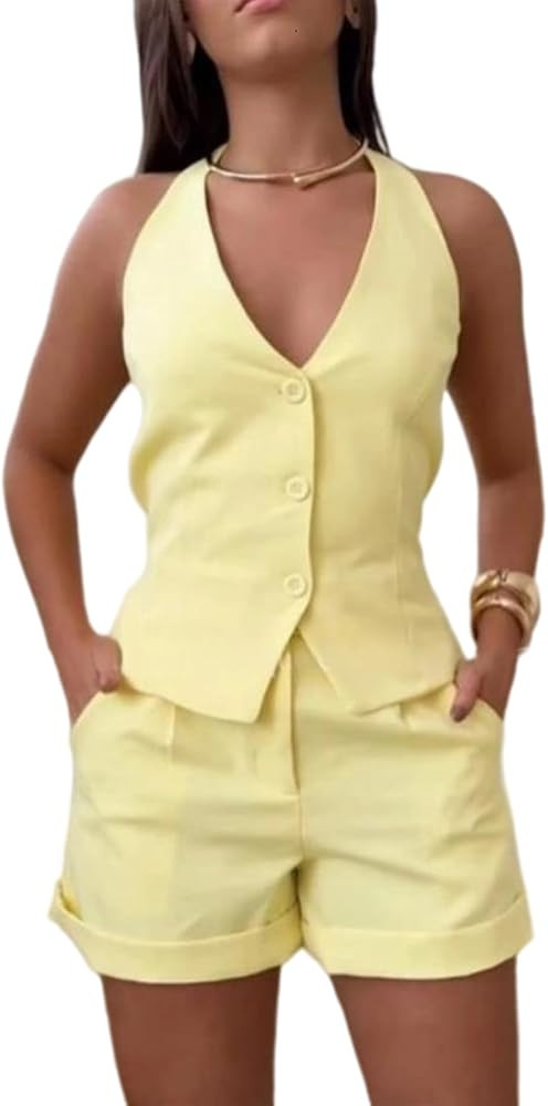 Tcremisa Womens 2 Pieces Outfits Casual Button Down Blazers Vest with Shorts Set Office Business ... | Amazon (US)