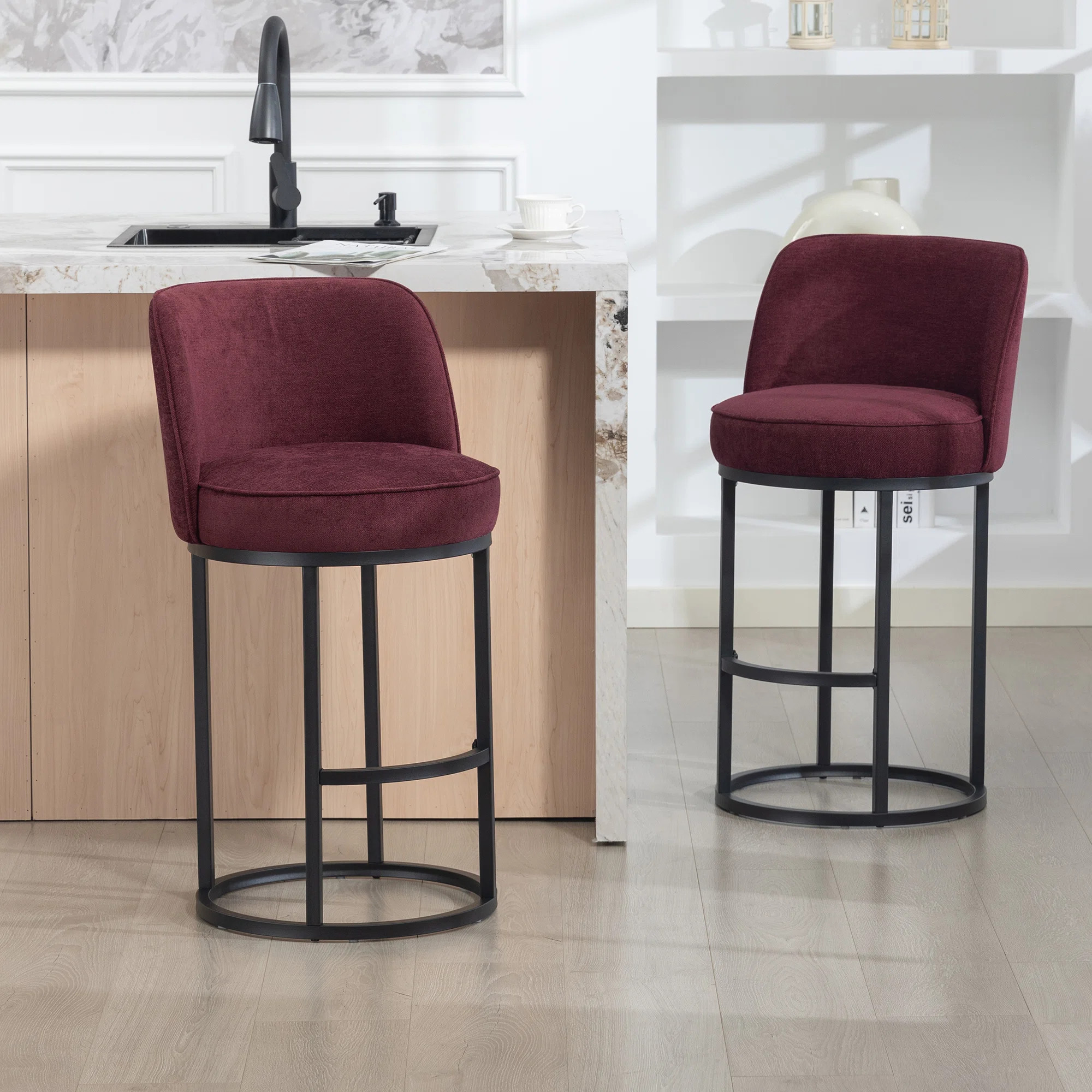 25'' Modern Linen Upholstered Barrel Counter Stool (Set of 2) | Wayfair North America
