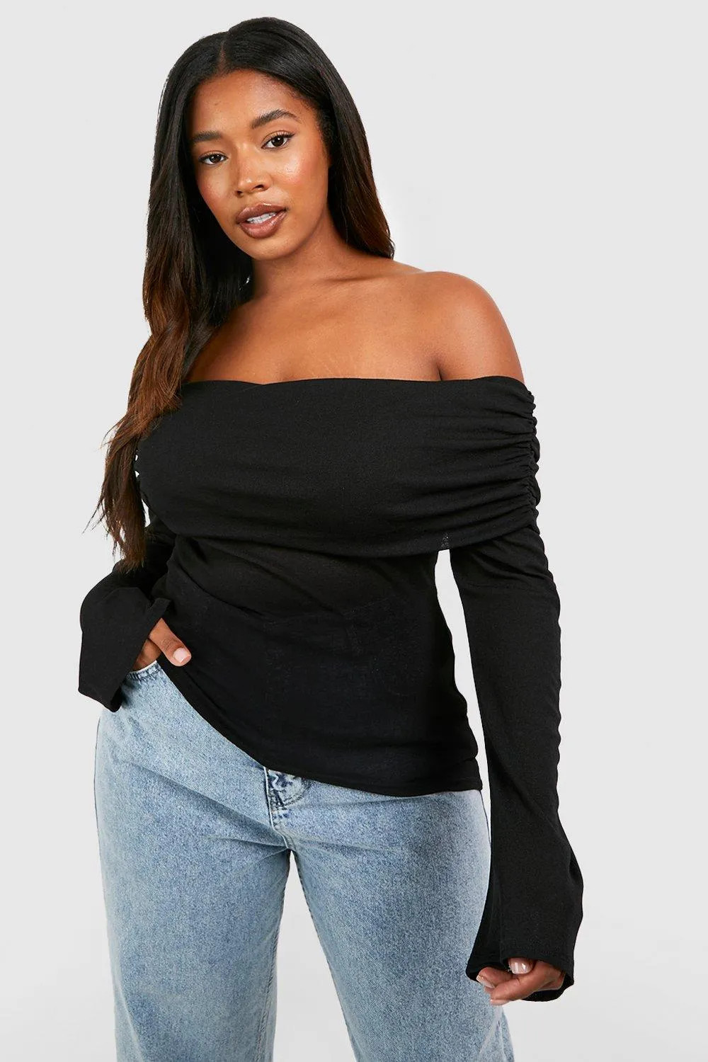 Black Plus Bardot Ruched Flare Sleeve Top | Boohoo USA | boohoo (US & Canada)