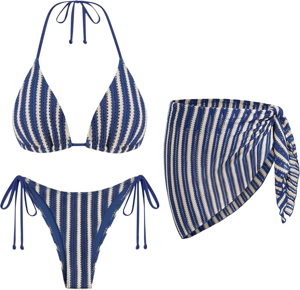 Women's 3 Piece Sexy Triangle Crochet Bikini Set - Halter Tie Side Swimsuit with Cover Up for Bea... | Amazon (US)