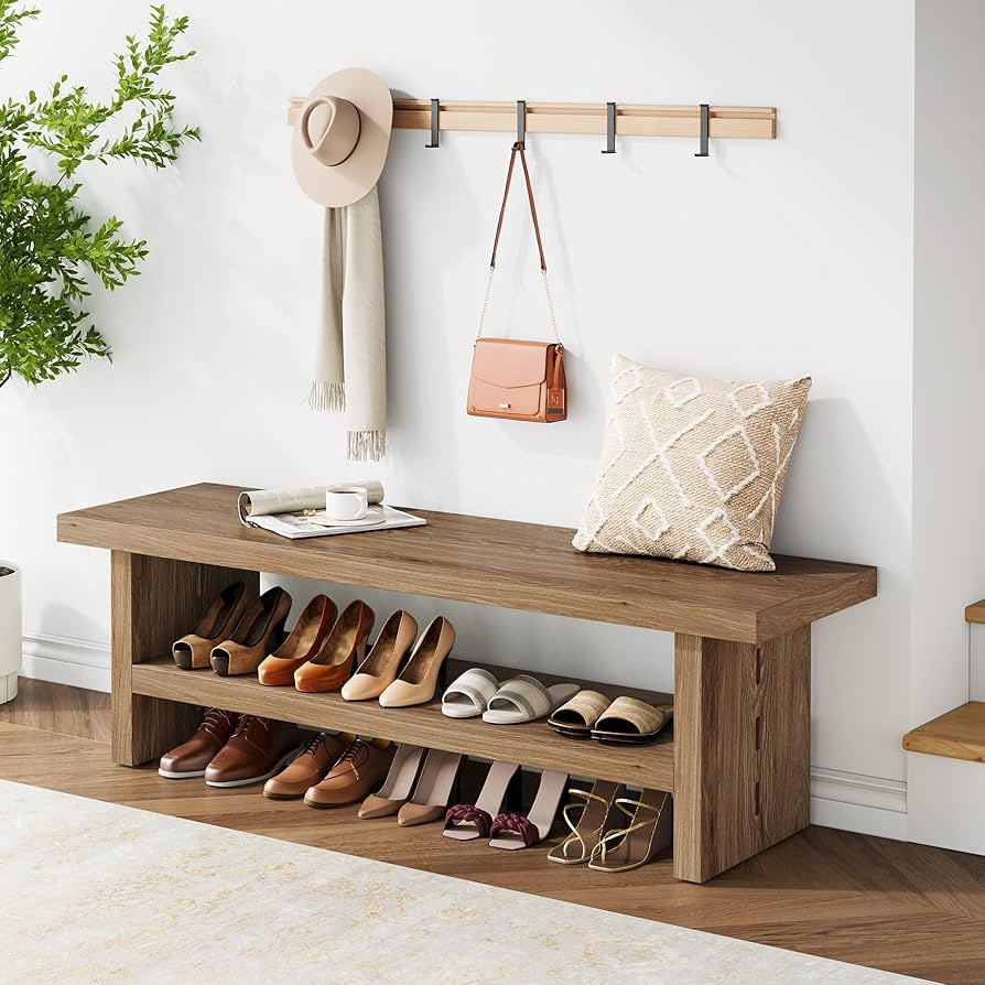 47.24" Entryway Bench with Shoe Storage, 2-Tier Rustic Wooden Storage Bench for Hallway Living Ro... | Amazon (US)
