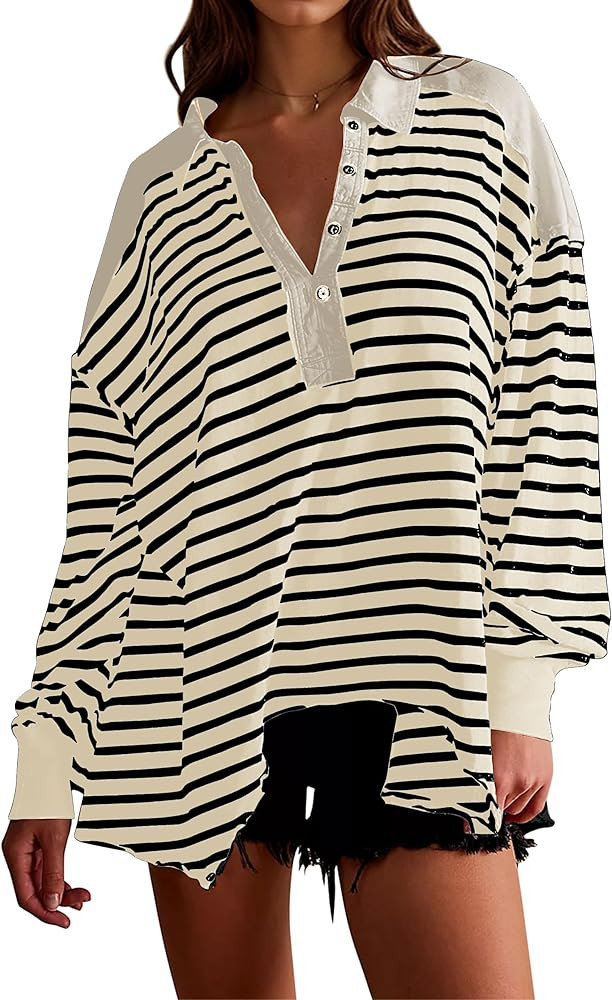 Womens Striped Oversized Polo Shirts Color Block Long Sleeve Sweatshirt Button Down Asymmetrical ... | Amazon (US)