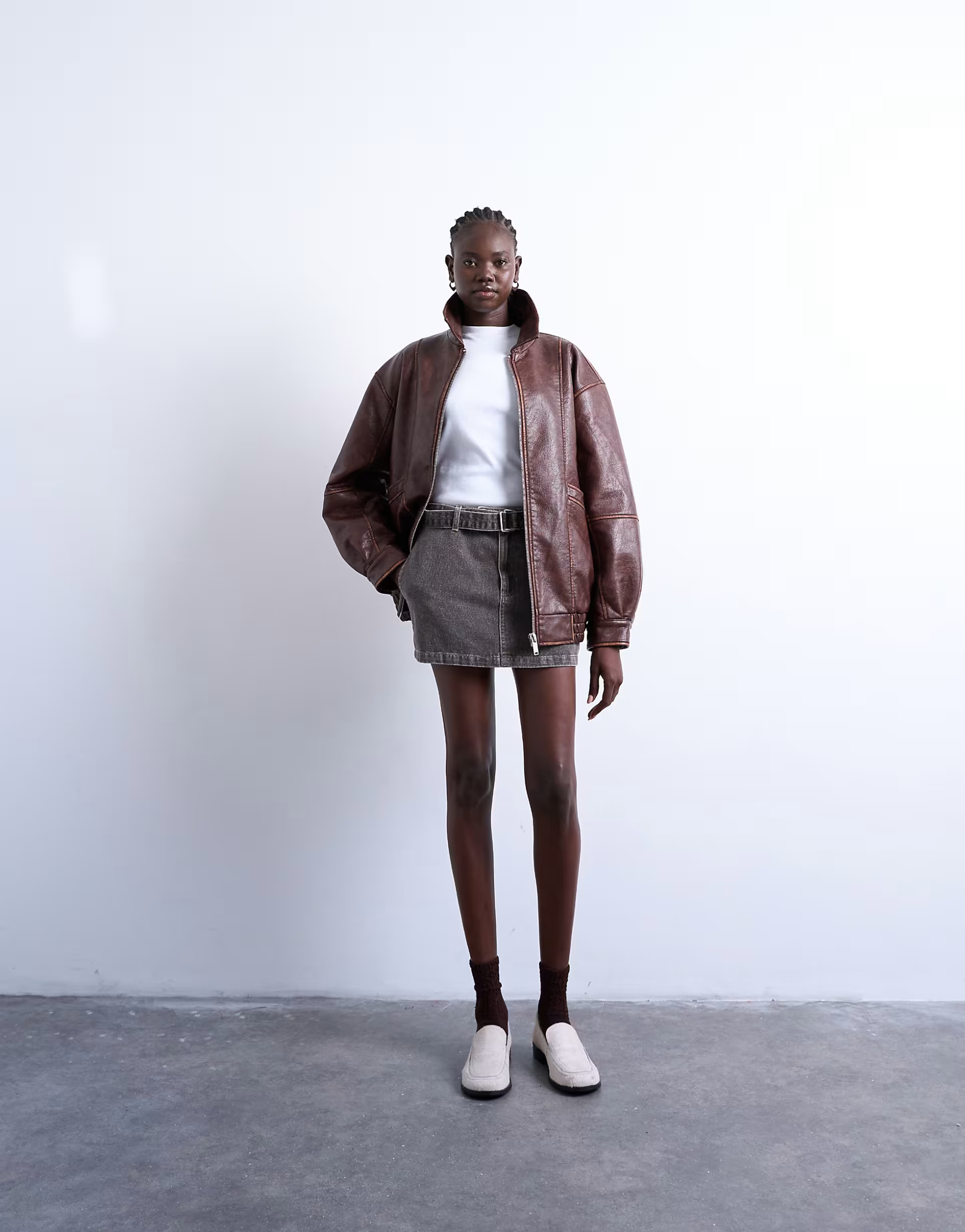 Topshop faux leather contrast heavy wash bomber jacket in brown | ASOS (Global)