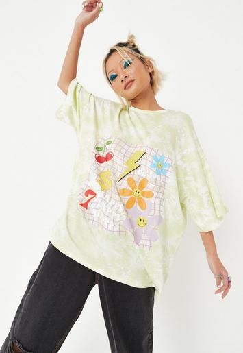 Missguided - Petite Lime Tie Dye Be Happy Graphic Oversized T Shirt | Missguided (US & CA)