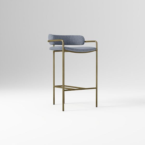 Lenox Counter Stool, Performance Coastal Linen, Graphite, Blackened Brass | West Elm (US)