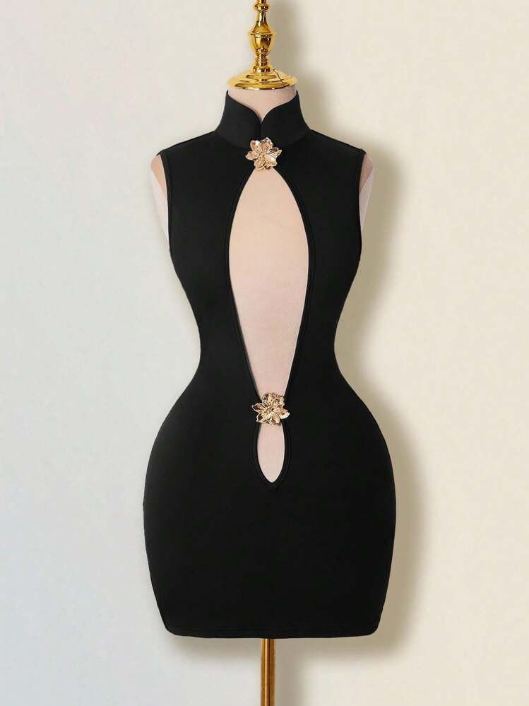 SHEIN ICON Women's Sexy Bodycon Qipao Collar Hollow Metal Floral Decor Mini Dress Cheongsam Dress Cutout Dress | SHEIN