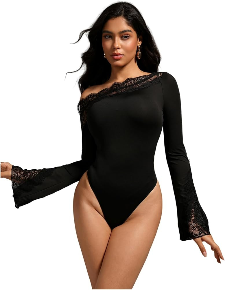 WDIRARA Women's Lace One Shoulder Bodysuit Asymmetrical Long Sleeve Leotard Tops | Amazon (US)